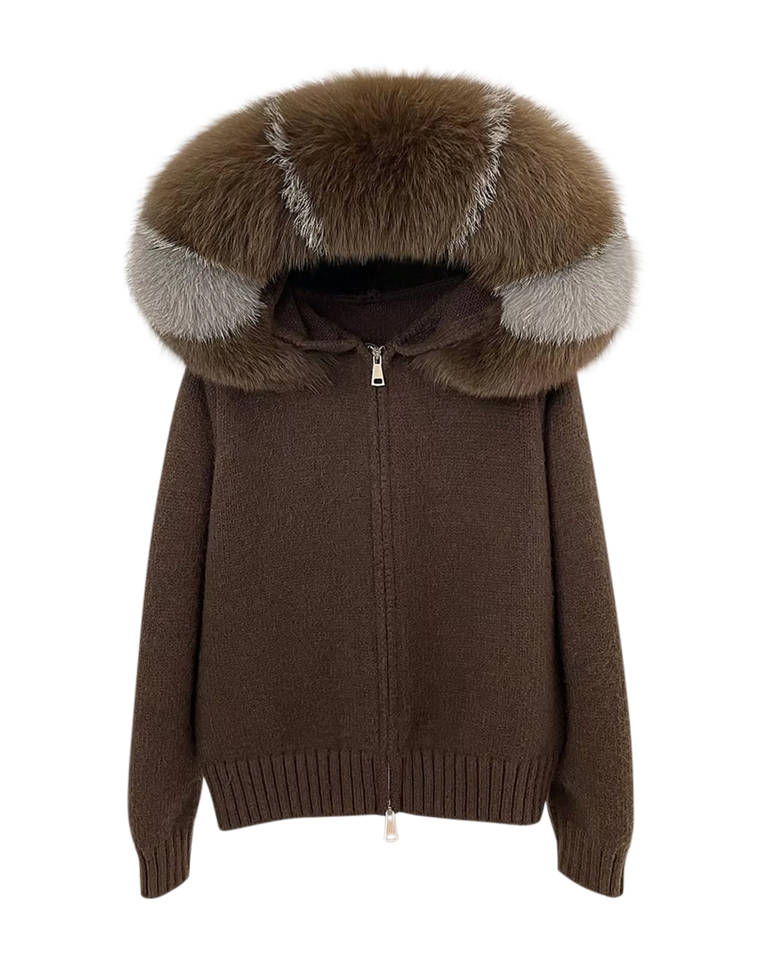 Knitted Hoodie 'Zip' camel/silver